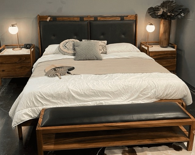 Deco Listo Leather and Parota Headboard with Matching Bench