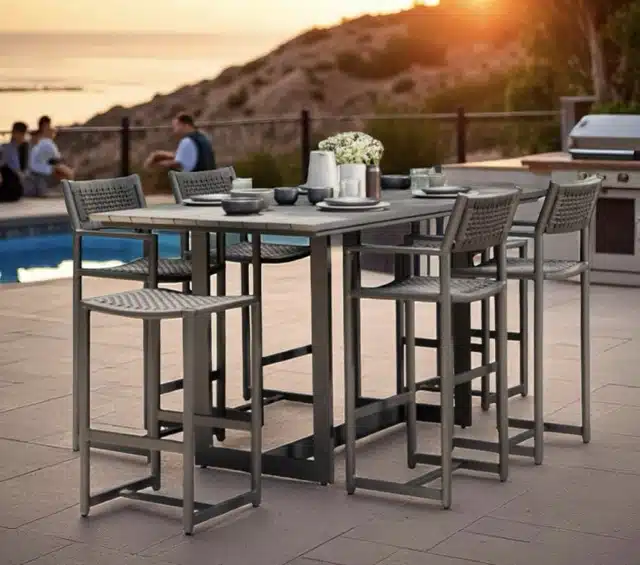 Aluminum tables and bar stools with high performance laminate surface, built to endure Cabo